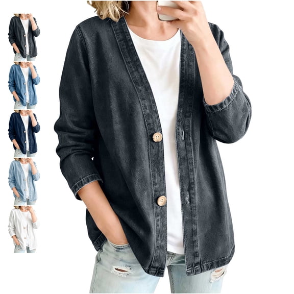 TGSLY Denim Jackets for Women Lightweight Soft Button Front Long Sleeve Cardigan Jacket Loose Dressy Casual Solid Color Coats with Side Pockets XL
