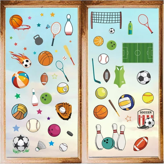8 Styles Sports Wall Stickers PVC Ball Games Window Stickers Decals Waterproof Self Adhesive Cling Peel and Stick for Home Stairway Decoration Bedroom Living Room Kitchen Showcase