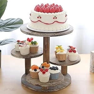 Fuin Rustic 4-Tier Wood Cupcake Stand, Rotating Spiral Dessert Display Tower for Weddings and Parties, Farmhouse Tiered Serving Tray for Plants and Decor
