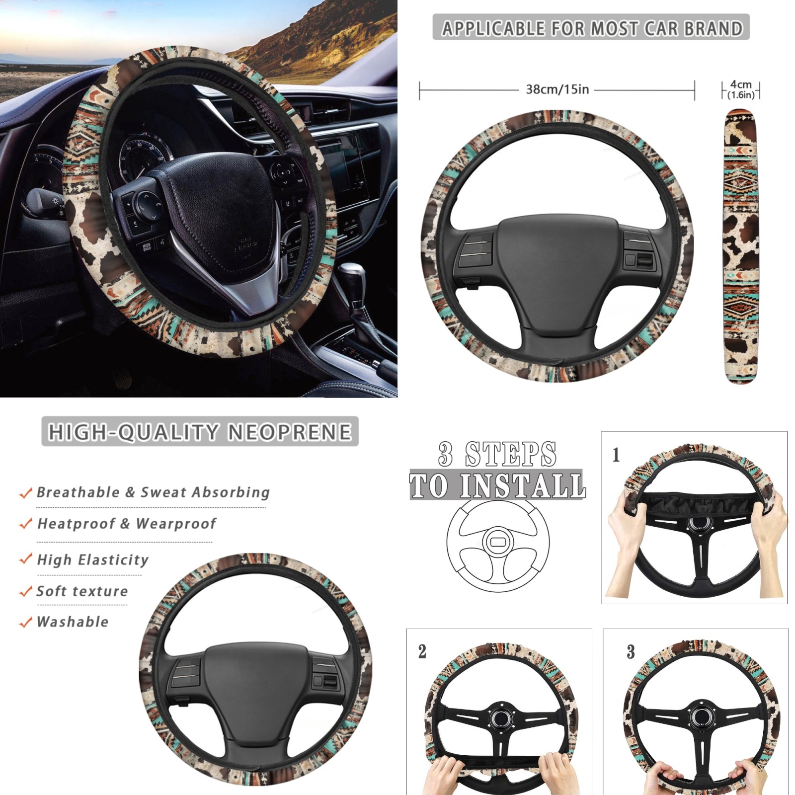 Renewold American Tribal Cow Print Retro Car Accessories Set 12 PCS, with Steering Wheel Cover Seat Belt Pad Armrest Cover Coasters Handbrake Gear Shift Cover Universal Fit for Most Vehicles