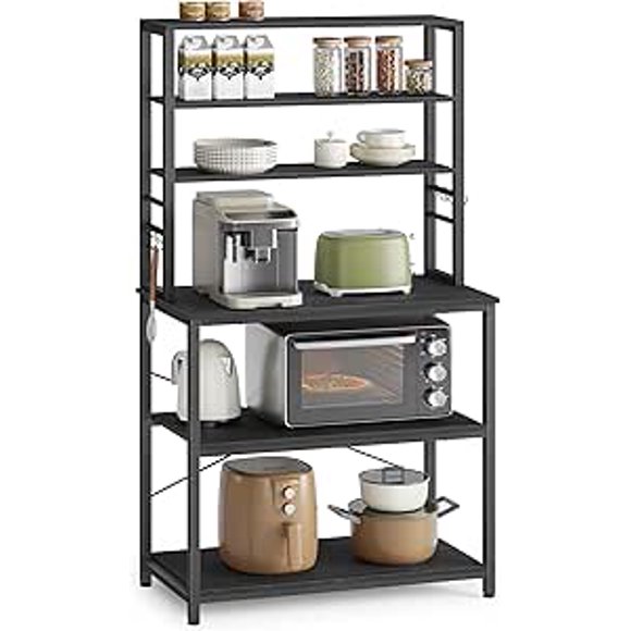 VASAGLE Coffee Bar, Baker’s Rack for Kitchen with Storage, 6-Tier Kitchen Shelves with 6 Hooks, Microwave Stand, Industrial, 15.7 x 31.5 x 65.7 Inches, Charcoal Gray and Ink Black
