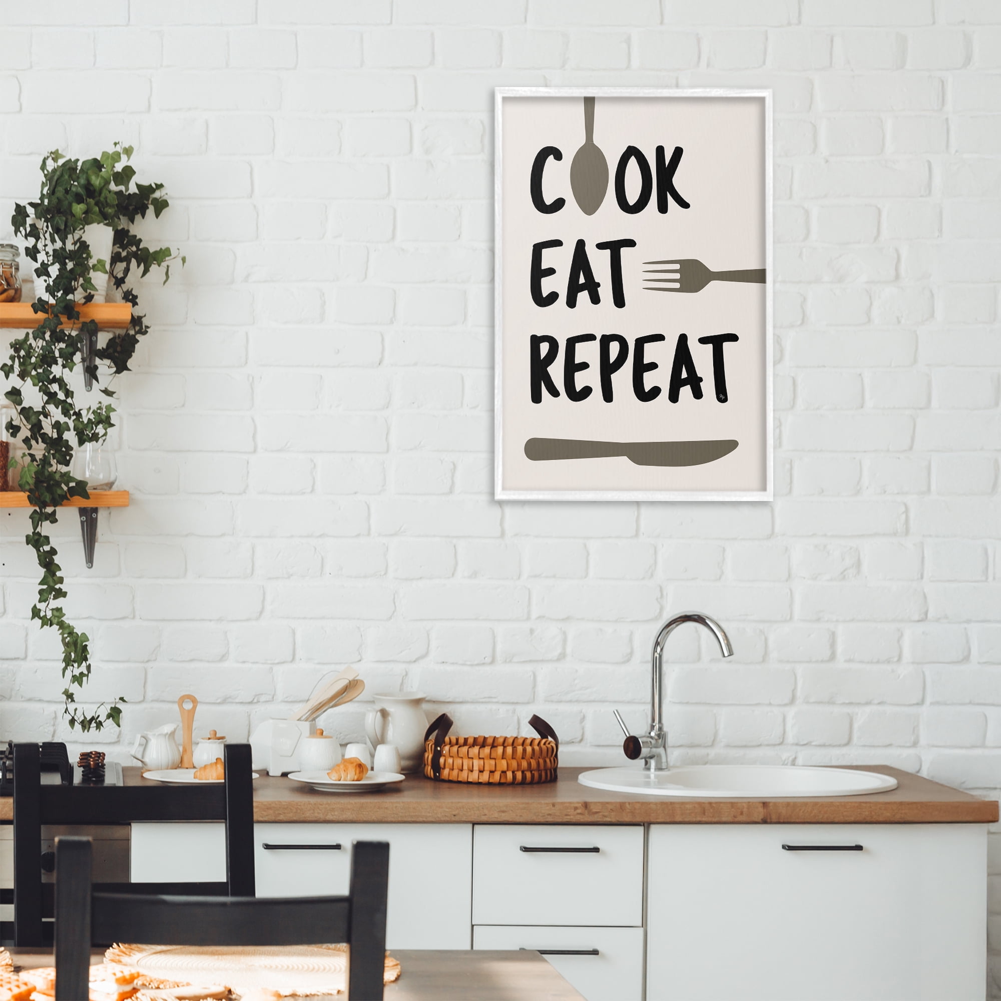 Stupell Industries Cook Eat Repeat with Utensils White Framed Giclee Art, design by Martina Pavlova