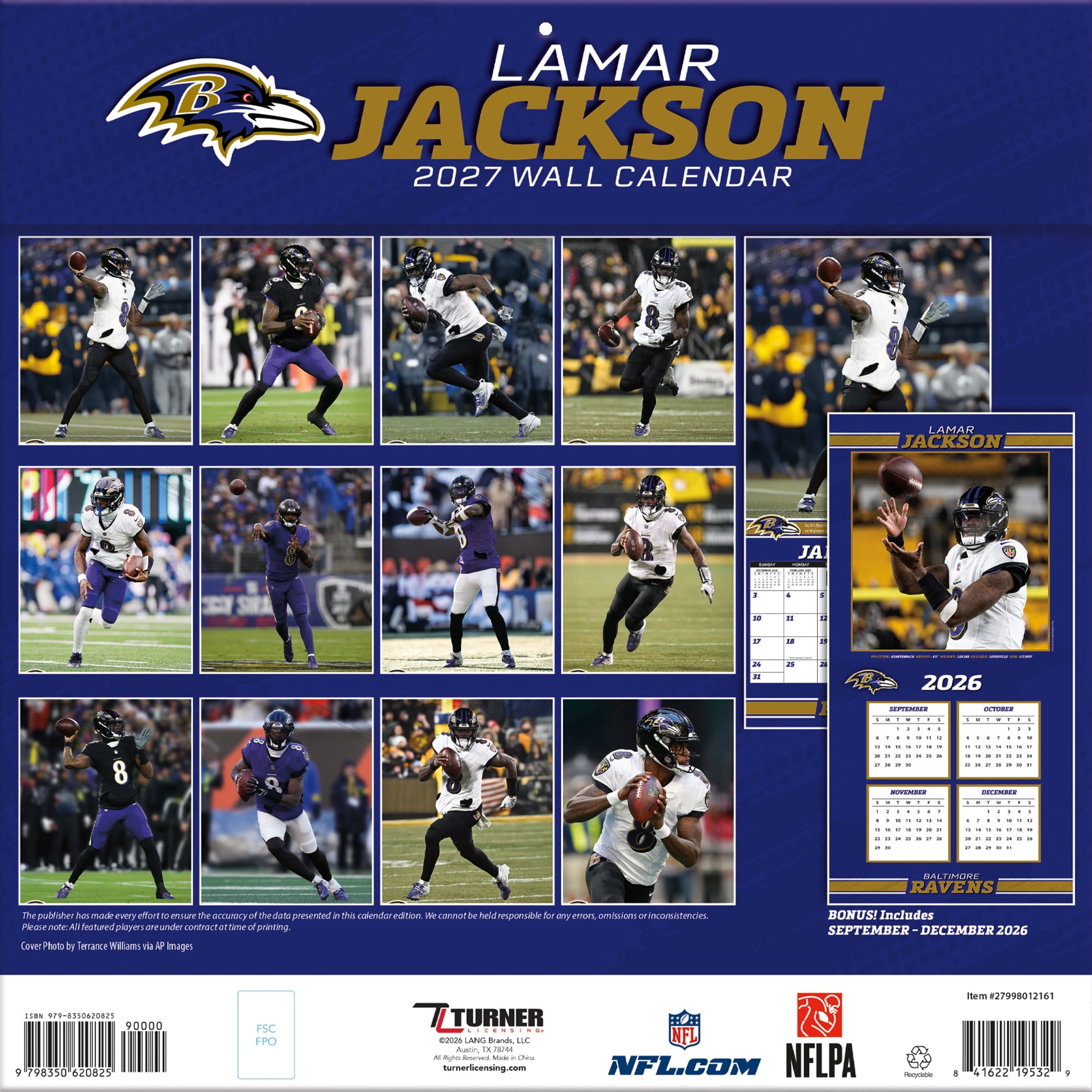 2027 Baltimore Ravens Lamar Jackson, 12x12 Team Wall Calendar, 12"x12", Multicolor