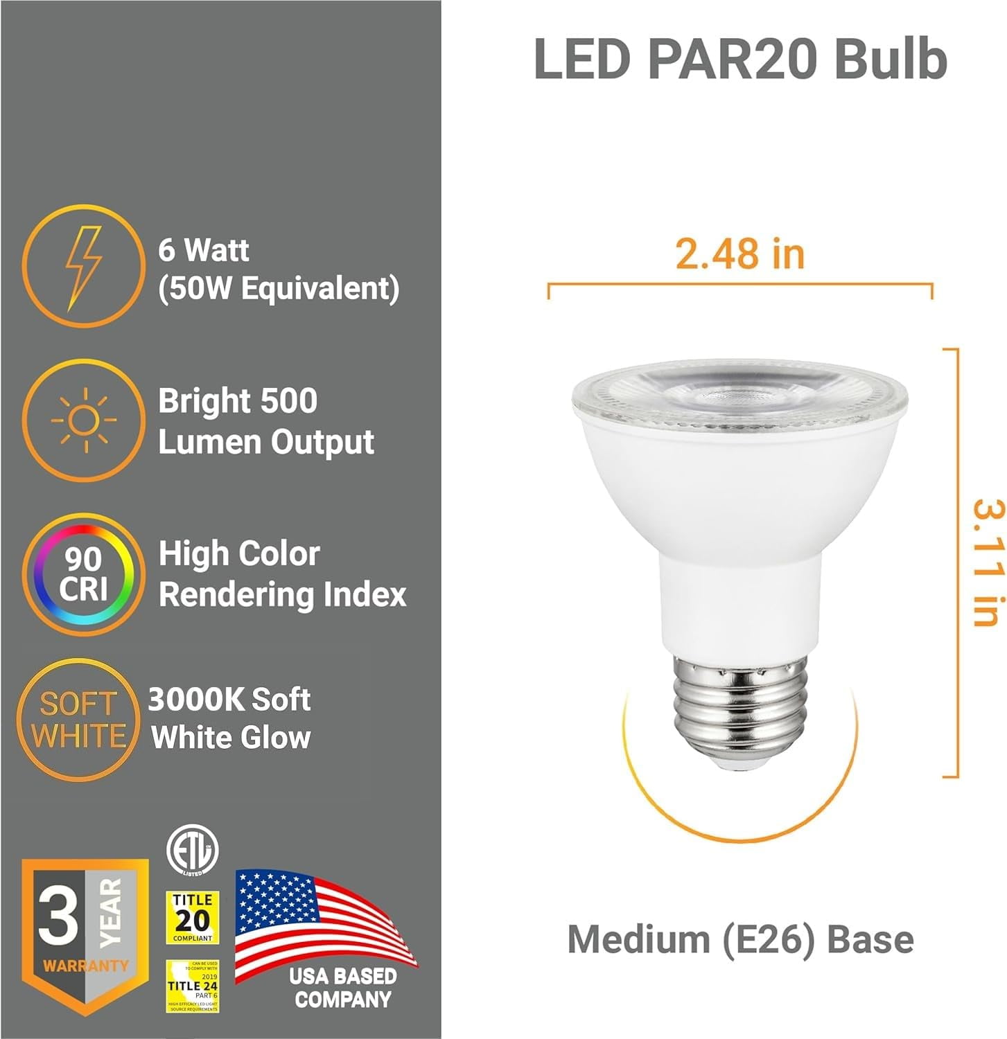 Diodesy- Pack of 4 PAR20/LED/6W/CRI90/30K PAR20 LED Long Neck Spotlight Bulbs, 6 Watts (50W Halogen EQ), 3000K Soft White, CRI90, E26 Dimmable Indoor Outdoor Home Residential Wide Area Flood Light, UL