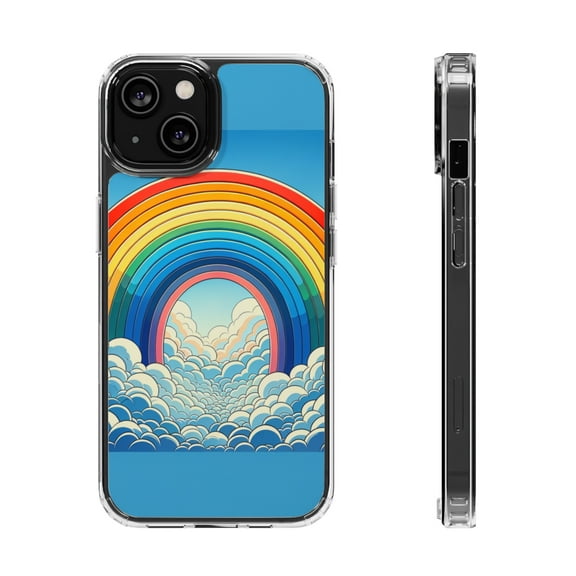 DistinctInk Hybrid (Acrylic / TPU) Clear Slim Fit Case for Apple iPhone 13 (6.1" Screen) - "Vibrant and Playful: A Rainbow Wonderland"