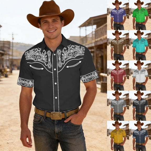 Mens Shirts Short Sleeve Retro Western Cowboy Graphic Button Down Lapel Casual Shirt Black L