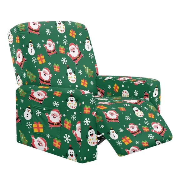 SCRAWLGOD Christmas Recliner Chair Covers with Pocket Single Reclining Slipcover 4-Pieces Lazyboy Recliner Armchair Cover with Elastic Bottom for Pets, Santa Claus Snowman Snowflake Green