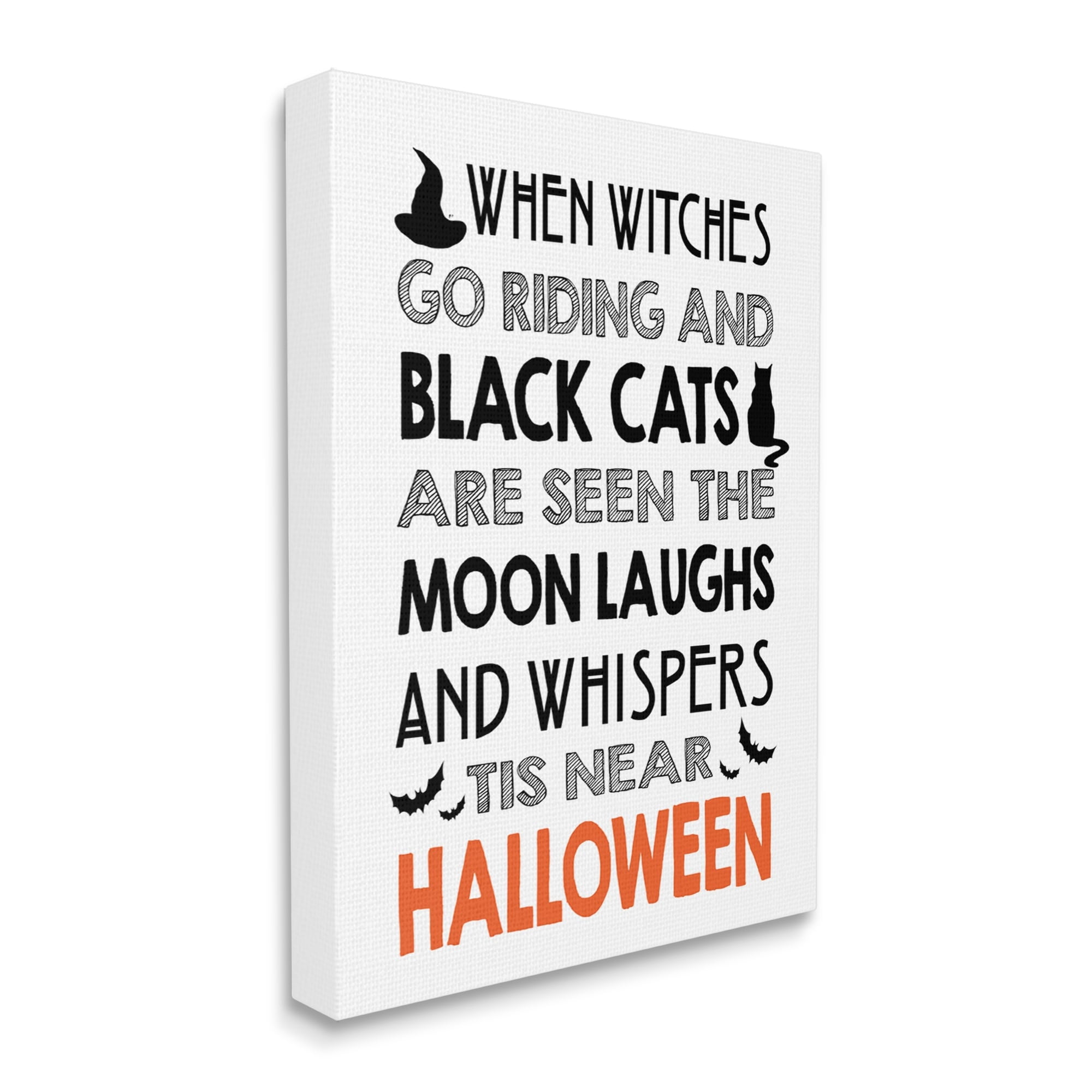Vintage Halloween Typography Black Bats & Cat Motif Inspirational Graphic Art Gallery-Wrapped Canvas Print Wall Art