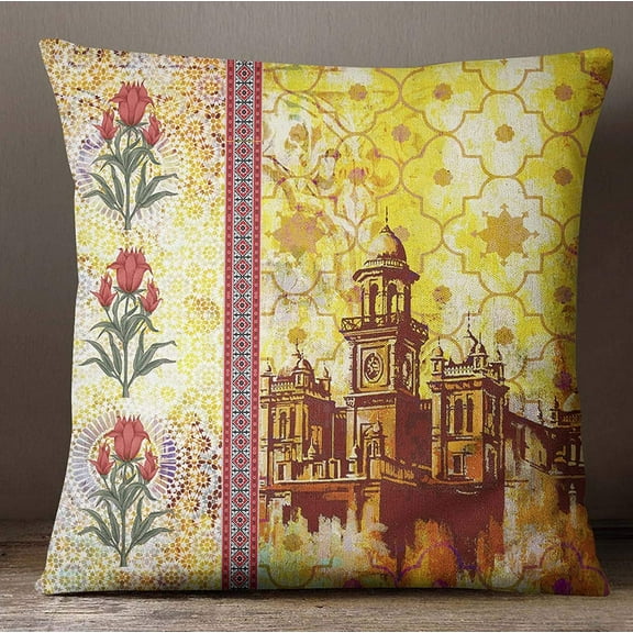 S4Sassy Home Decor Multicolor Mughal Fort Print Square Cushion Cover Pillow Case Throw -14 x 14 Inches