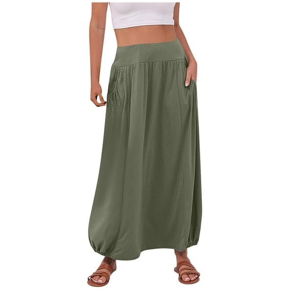 Women's Maxi Skirts 2025 Summer Elastic High Waist Ankle Length Skirt with Pockets Casual Trendy Flowy Beach Skirts