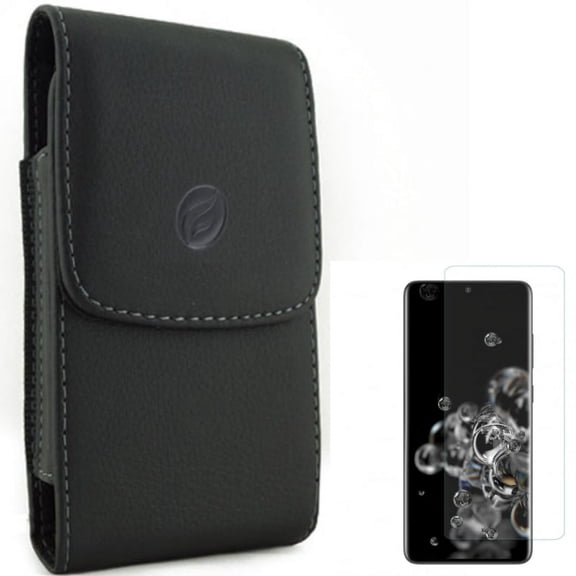 Case Belt Clip w Screen Protector for Samsung Galaxy S20 Ultra - Leather Holster Cover Pouch, Tempered Glass [Fingerprint Unlock] 3D Curved Edge Full Cover A1B fits Samsung Galaxy S20 Ultra