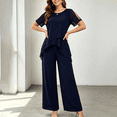 thumbnail image 2 of Morttic Women's Elegant Chiffon Solid Color 2 Piece Set – Slit Short Sleeve Top & Wide Leg Pants Daily Home & Lounge Outfit Navy Blue，S, 2 of 6