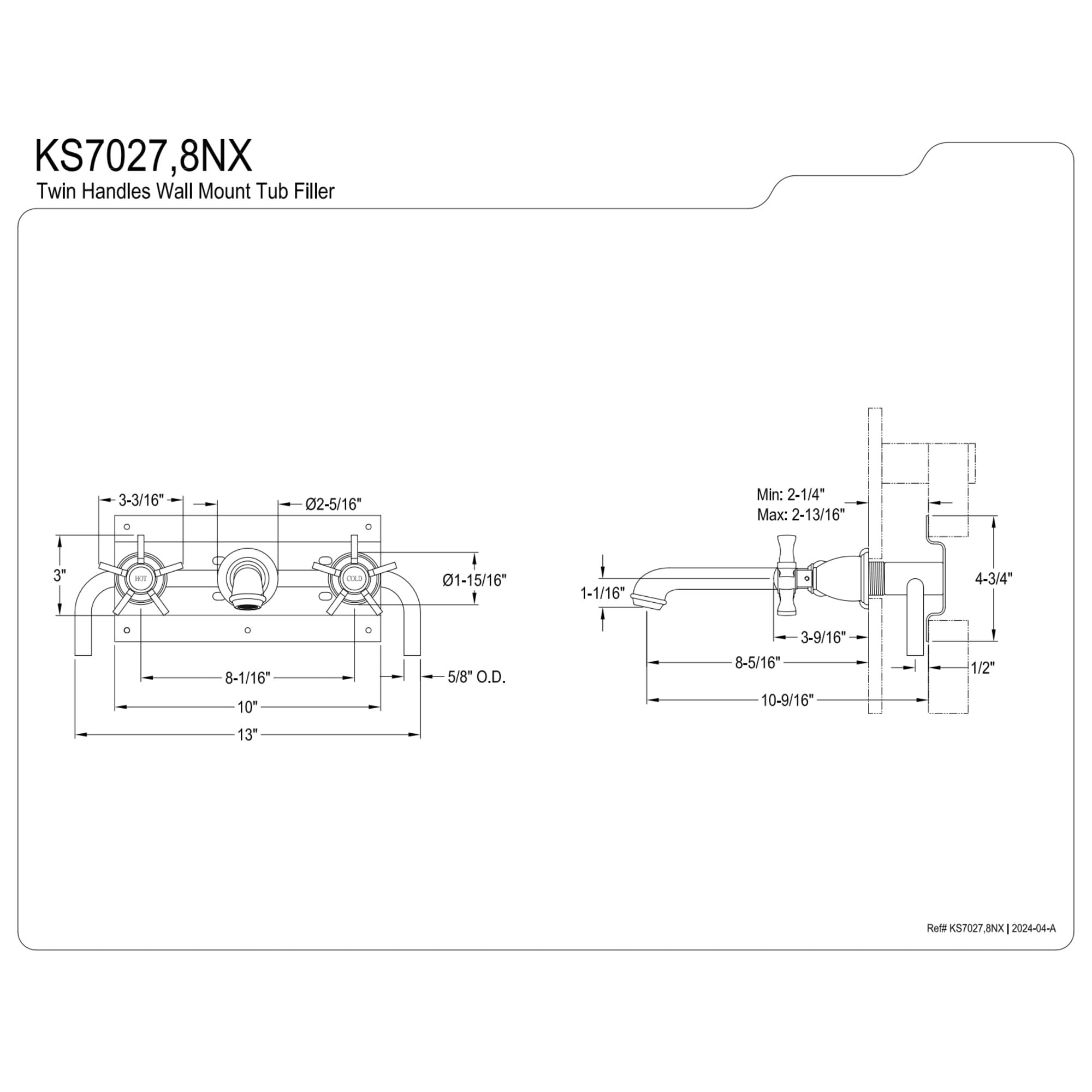 Kingston Brass KS7027NX Hamilton Two-Handle Wall Mount Roman Tub Faucet, Brushed Brass