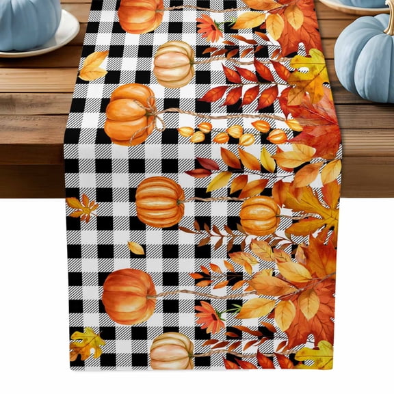 Table Runner Dresser Scarves 70 Inch Long,Thanksgiving Pumpkin Maple Leaf Linen Dining Table Runners Fall Black White Buffalo Check Tabletop Scarf for Wedding Holiday Party Kitchen