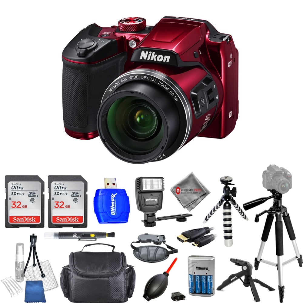 Nikon COOLPIX B500 16MP Digital Camera (Red) Dual Sandisk Ultra 32GB (64GB) Bundle AUTHORIZED