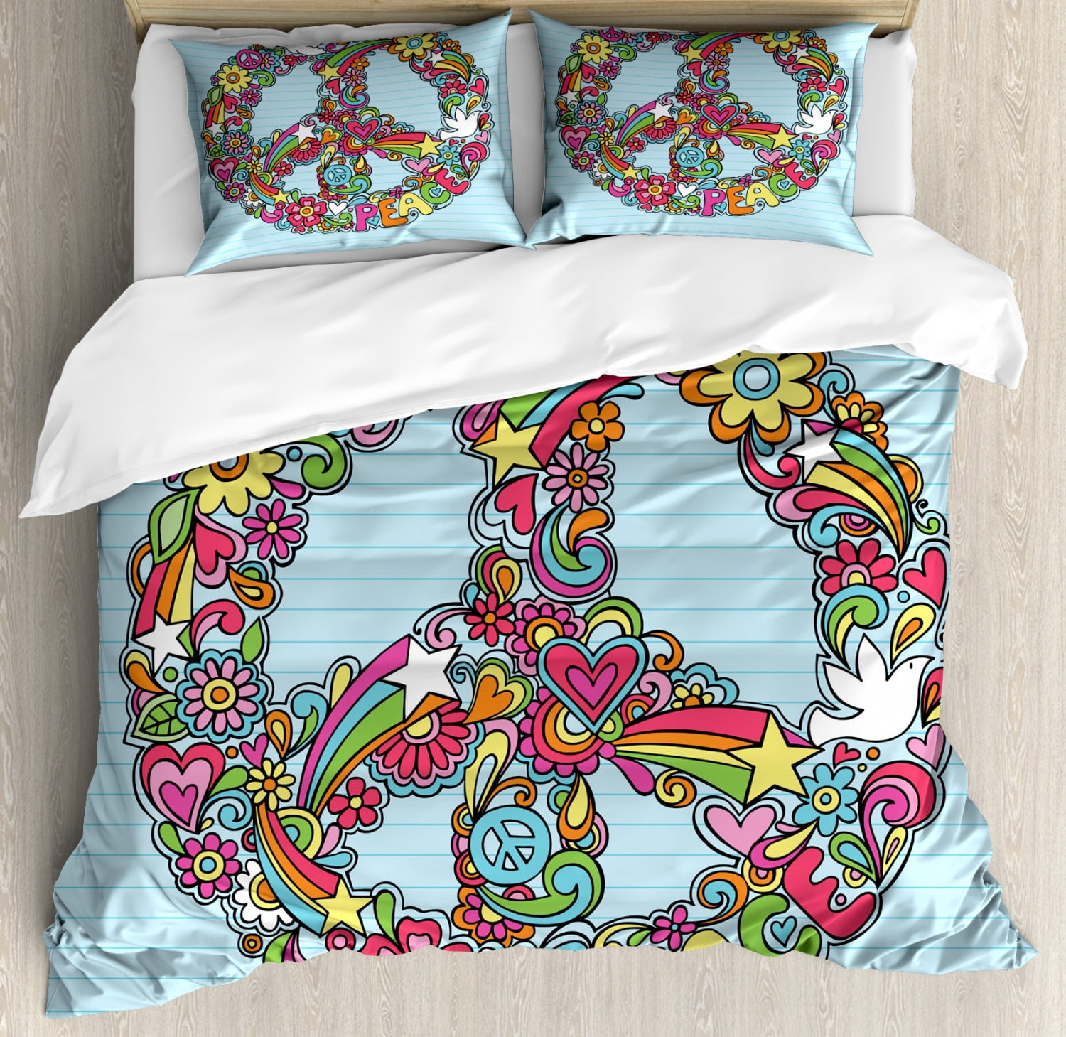 Hippie Queen Size Duvet Cover Set, HandDrawn Psychedelic Groovy Floral