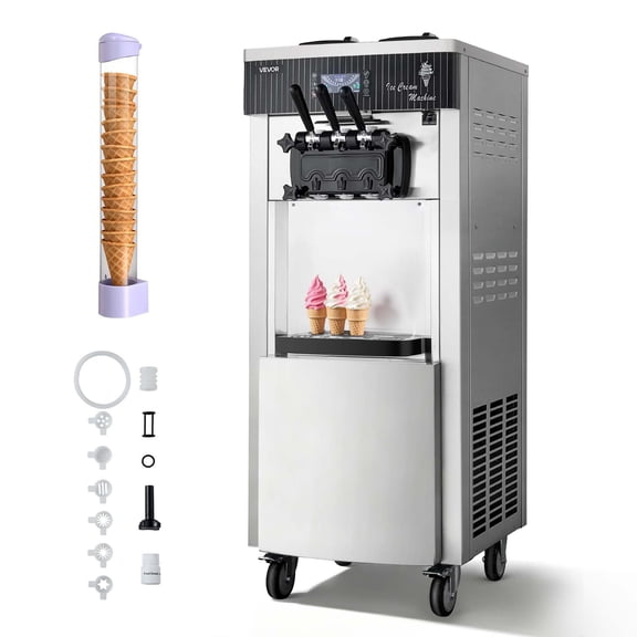 VEVOR Commercial Ice Cream Machine, 20-28L/H Yield, 2200W 3-Flavor Freestanding Soft Serve Ice Cream Maker with 2 x 6L Hoppers & Hopper Agitation, Pre-Cooling Self-Cleaning for Snack Dessert Shops