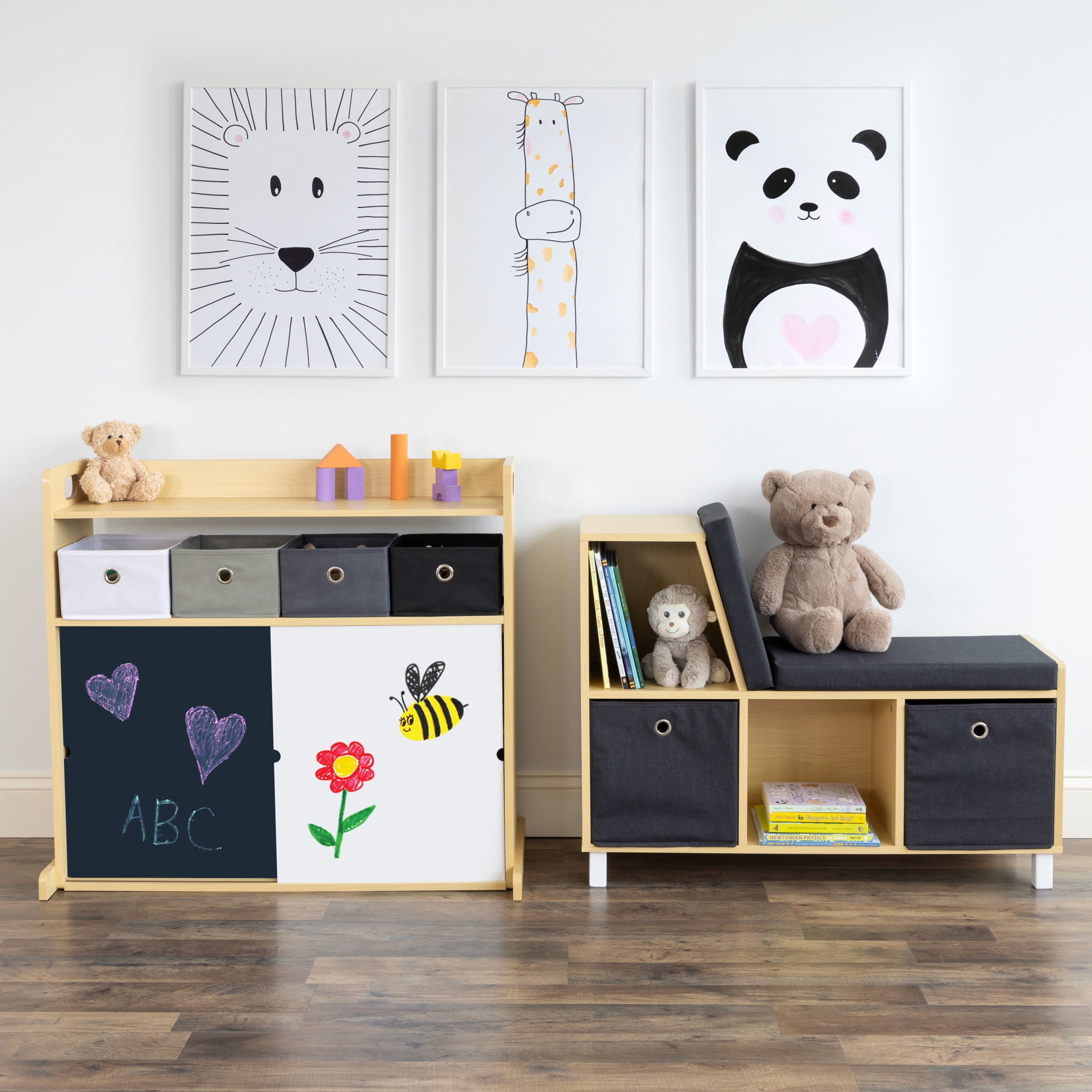 Humble Crew Kid Toy Storage Organizer with 12 Fabric Bins & Doodle Doors, Natural/Black/White/Grey