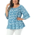 thumbnail image 4 of Agnes Orinda Women's Plus Size Easter Tops Floral Ruffle Hem Crew Neck Off Shoulder Half Sleeve Blouse Summer T-Shirt 2X Blue, 4 of 6