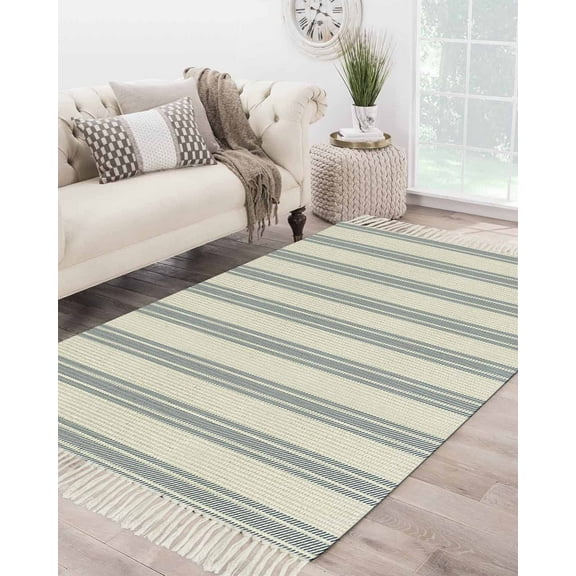 Blue Stripes Large Area Rug 4x6ft Woven Runner Rug,Minimalist Modern Striped Geometric Washable Living Room Bedroom Kitchen Bathroom Classroom Carpet with Tassels,Indoor Outdoor Throw Door Mat