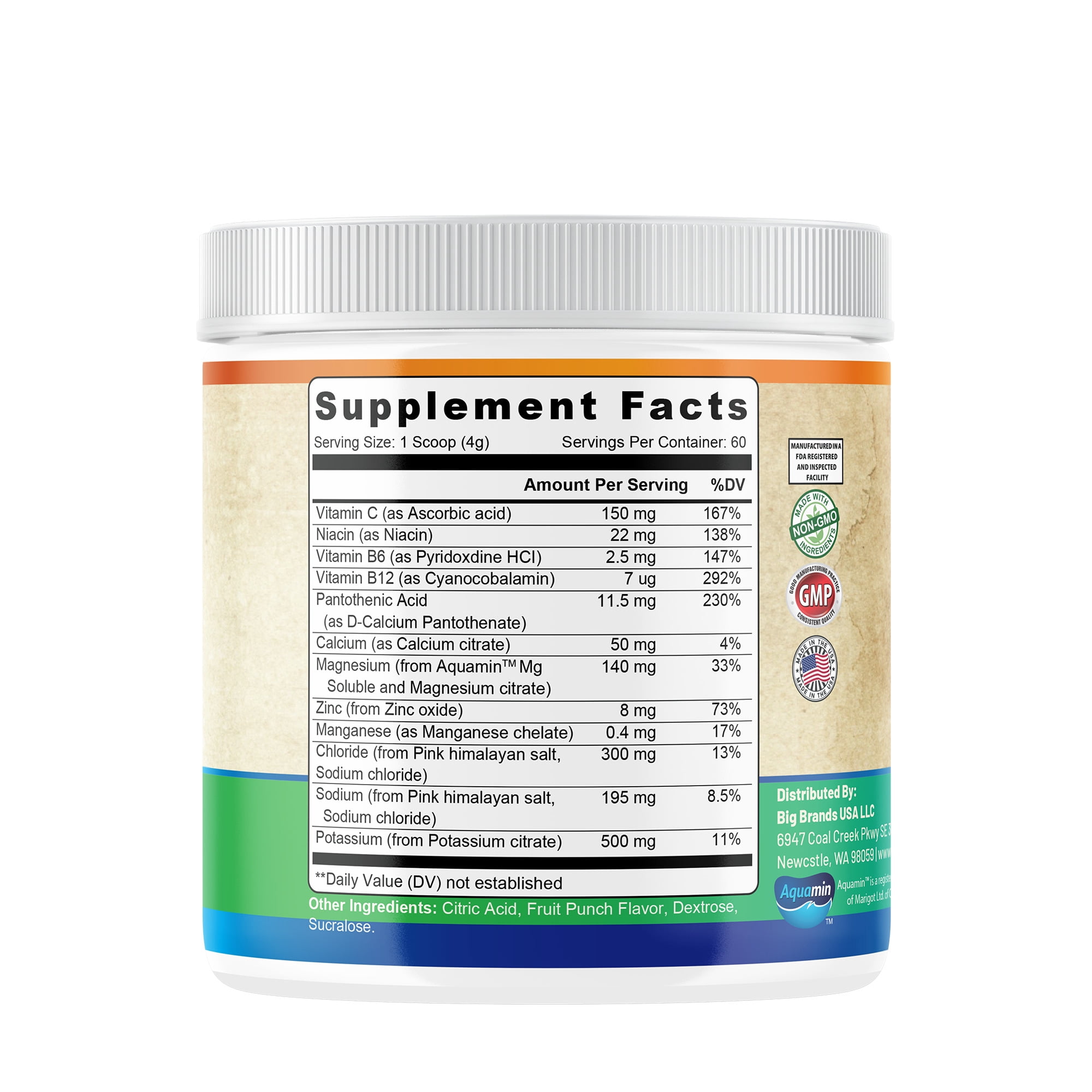 Hydration Electrolyte Powder, Fruit Punch Flavor, 60 Servings, USA Made