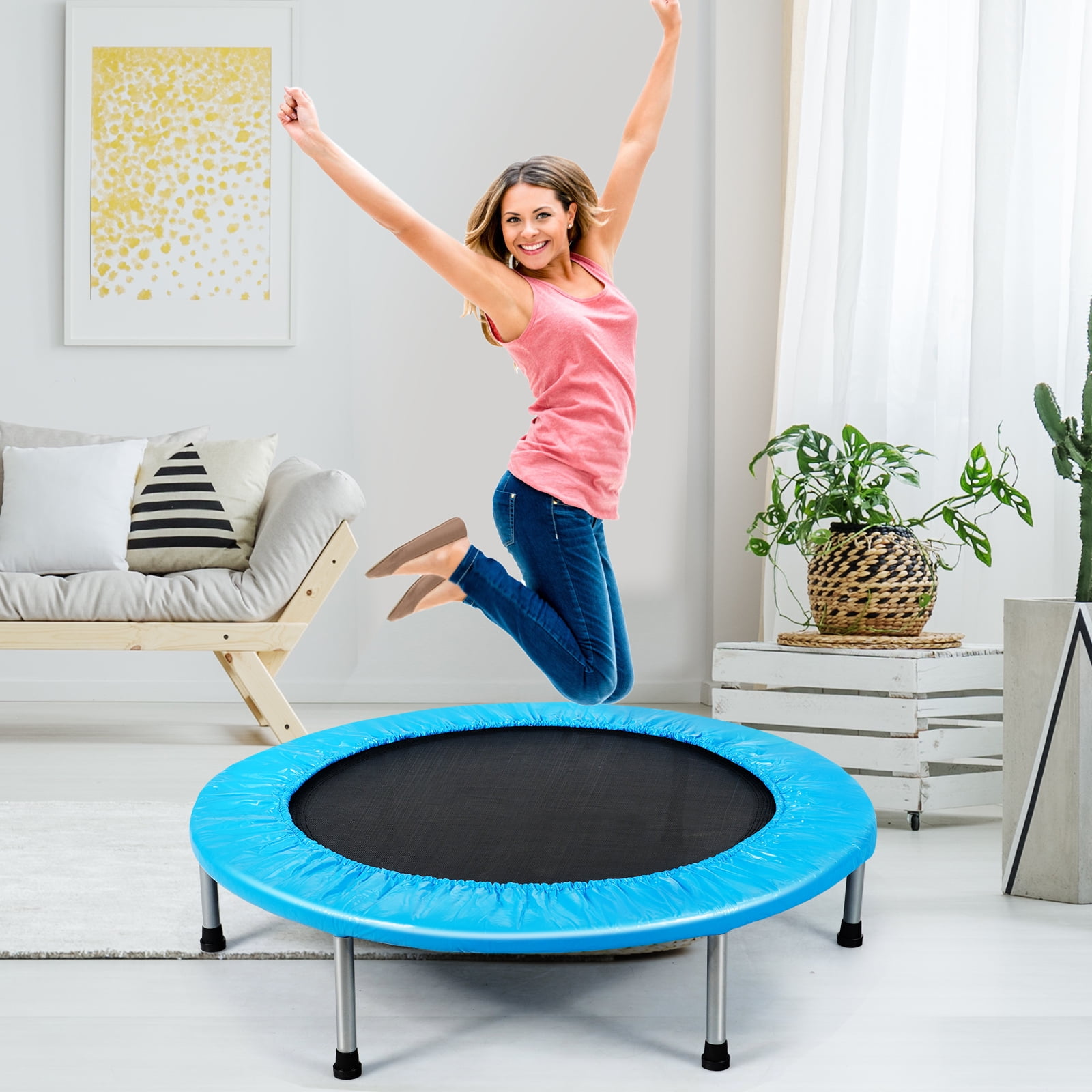 Topbuy 38 Folding Mini Trampoline Portable Rebounder Trampoline with Padding Springs Blue Walmart