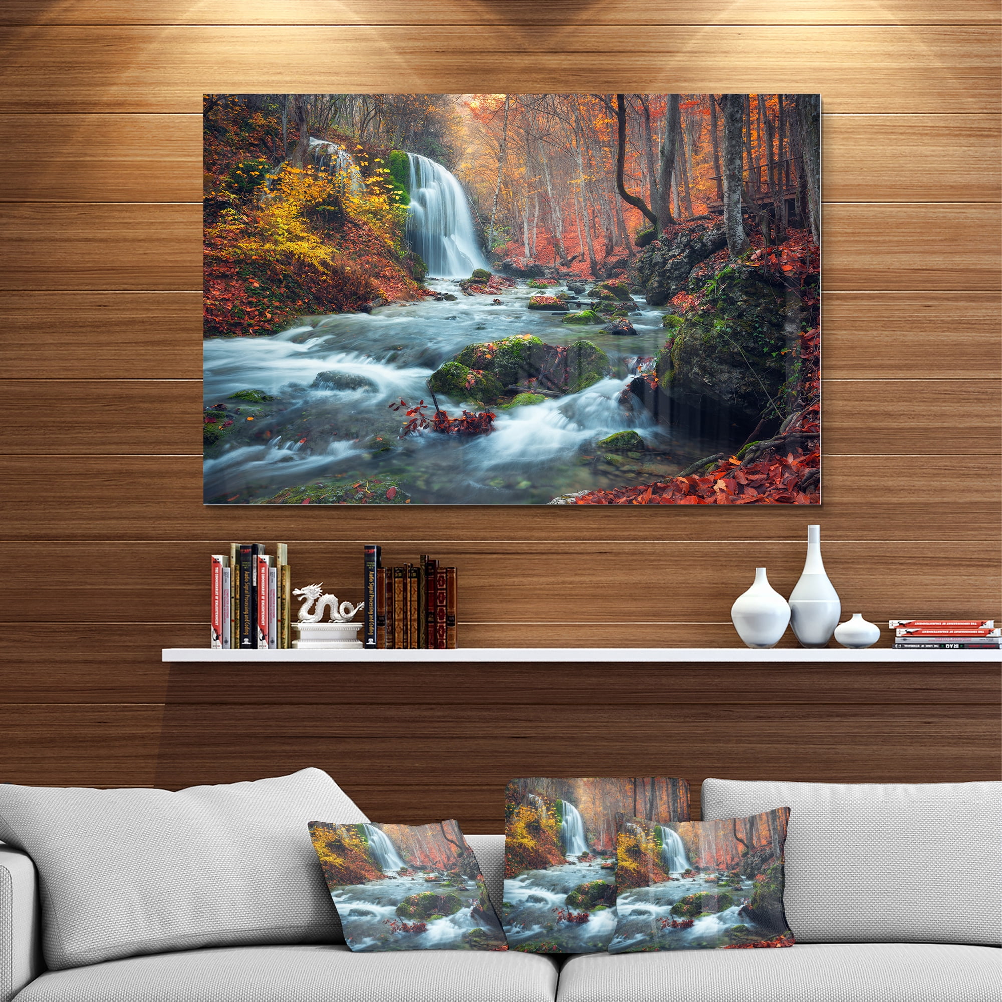 Designart 'Autumn Mountain Waterfall Long View' Metal Wall Art