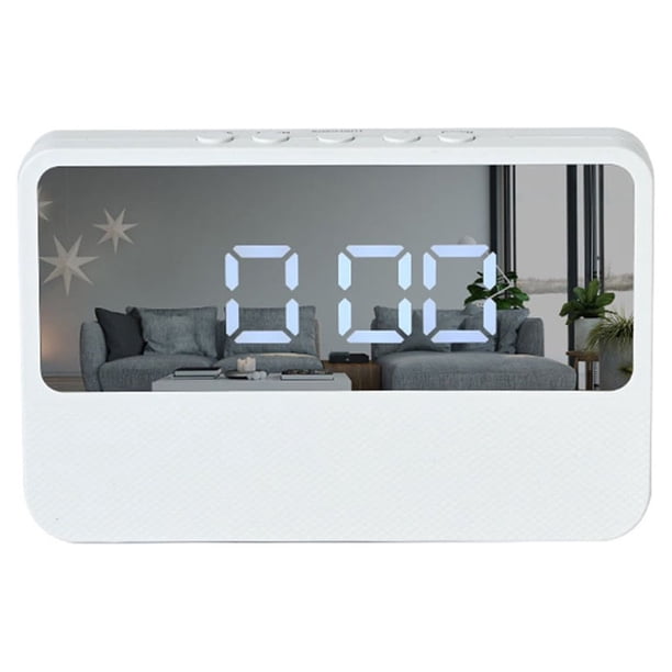 Injueey Digital Alarm Clock LED Sleeping Bedroom Clocks Desktop Glass Snooze Living Time Household Indoor Mirror Room Table Decoración del hogar Blanco