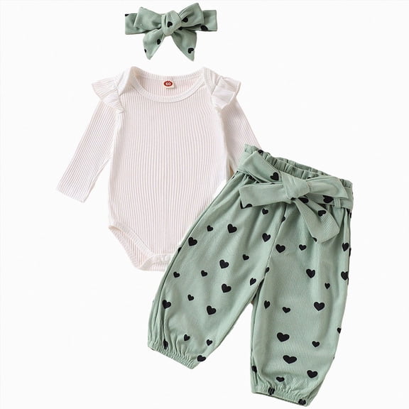 NOLDARES Newborn Baby Girl Fall Winter Clothes Total 3 Pieces Romper Flare Pants Headband Long Sleeve Outfits Set,Green,12-18 M