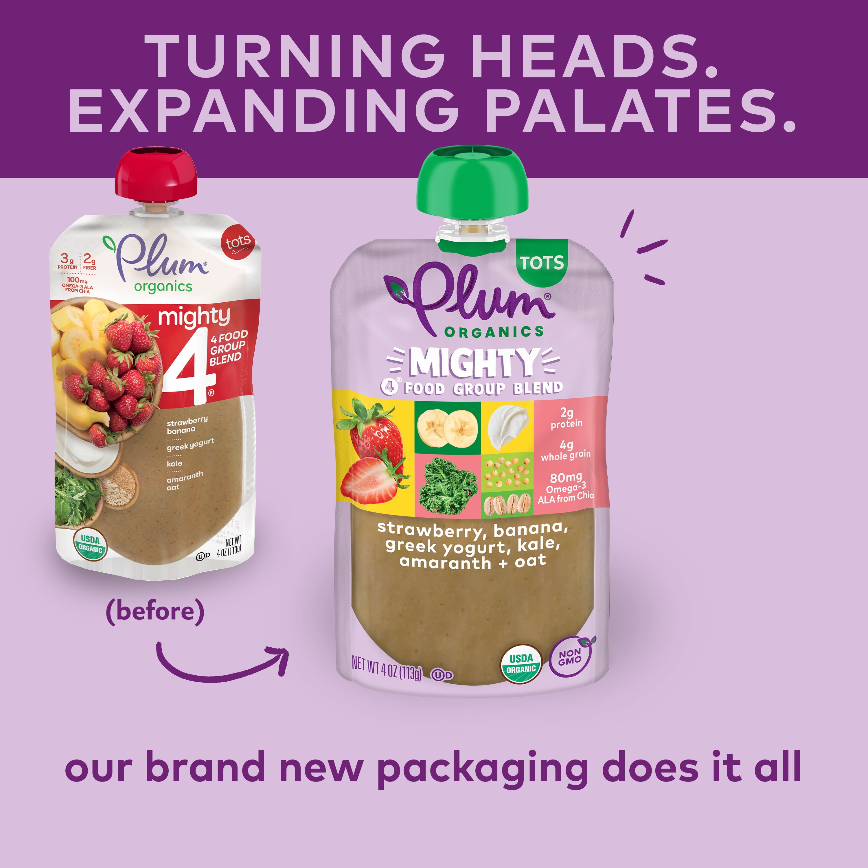 Plum Organics Mighty 4 Organic Toddler Food, Strawberry, Banana, Greek Yogurt, Kale, Amaranth, and Oat, 4 oz Pouch - Case of 12