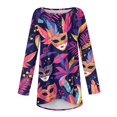 thumbnail image 4 of Mardi Gras Shirts for Women Sparkly Feathers Print Long Sleeve Tops Mask Print Crew Neck Novelty Graphic Tee Dark Blue XL, 4 of 5