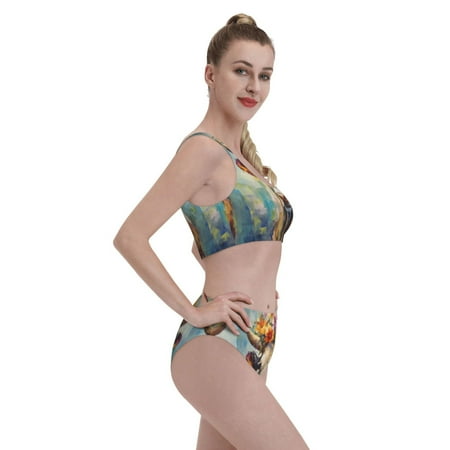 Goofa Oil Painting Flower Cow Pattern High Waisted Bikini Set - Two Piece Swimsuit for Women  Summer Bathing Suit Trendy Swimwear-Medium