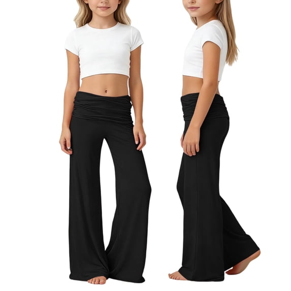 Nestiefly Girls Fold Over Yoga Pants Y2K Wide Leg Flared Leggings Foldover Low Waist Stretch Bell Bottoms Cute Flowy Pants Black 130