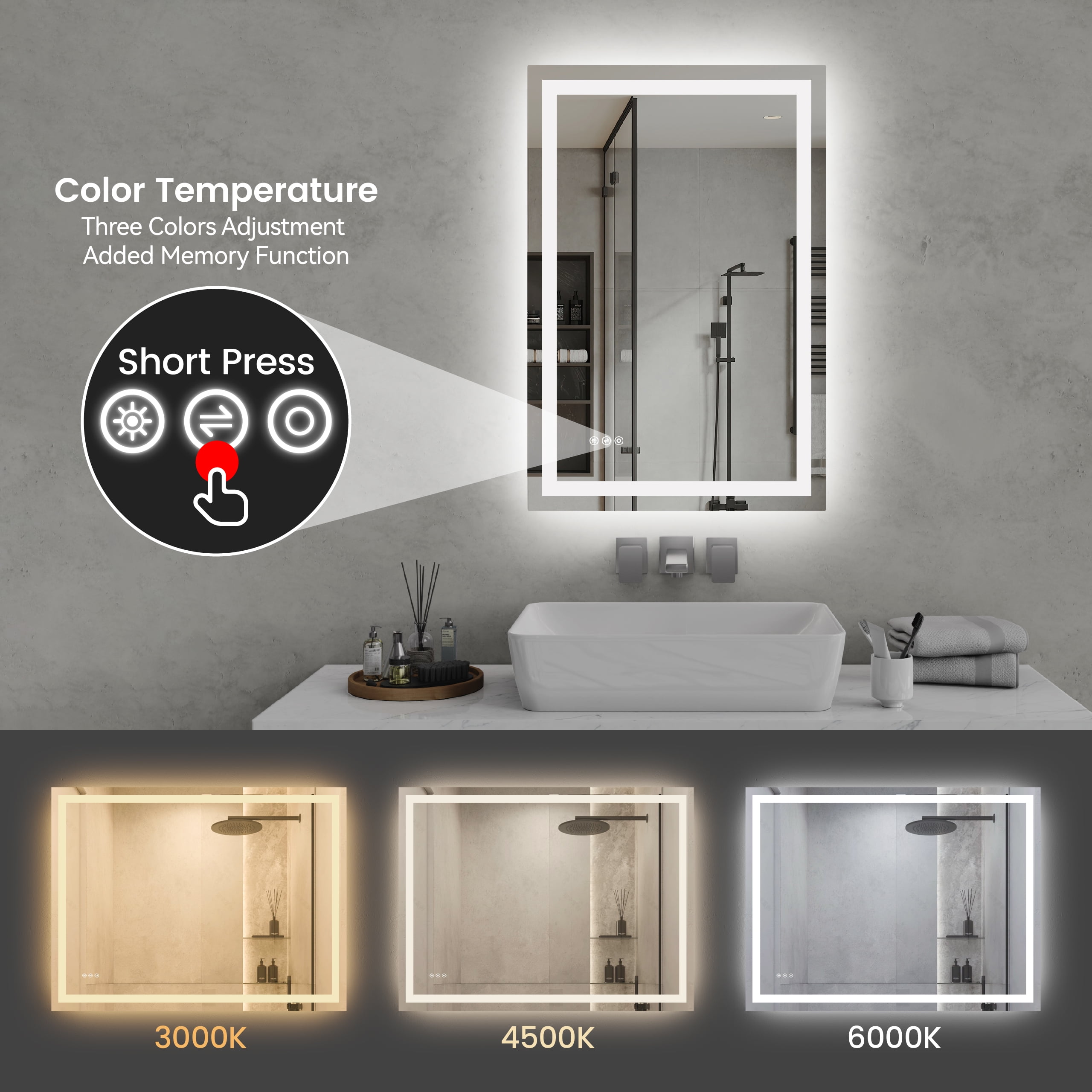 24"x36" LED Bathroom Mirror, Front-Lit and Back-Lit,3 Color Tem Adjustable, Brightness Memory, Anti-fog LED Vanity Mirror[Unable to ship on weekends]