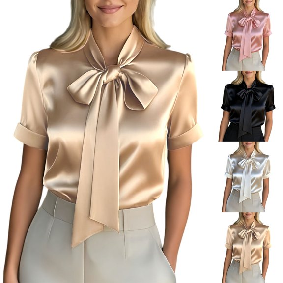 WHEANG Women's Solid Satin Collared Blouse, Loose Fit Roll Cuff Short Sleeve Casual Dressy Tops, Elegant Work Shirts for Daily Office Summer Wear Comfort Satin Top Outfits Size M Brown