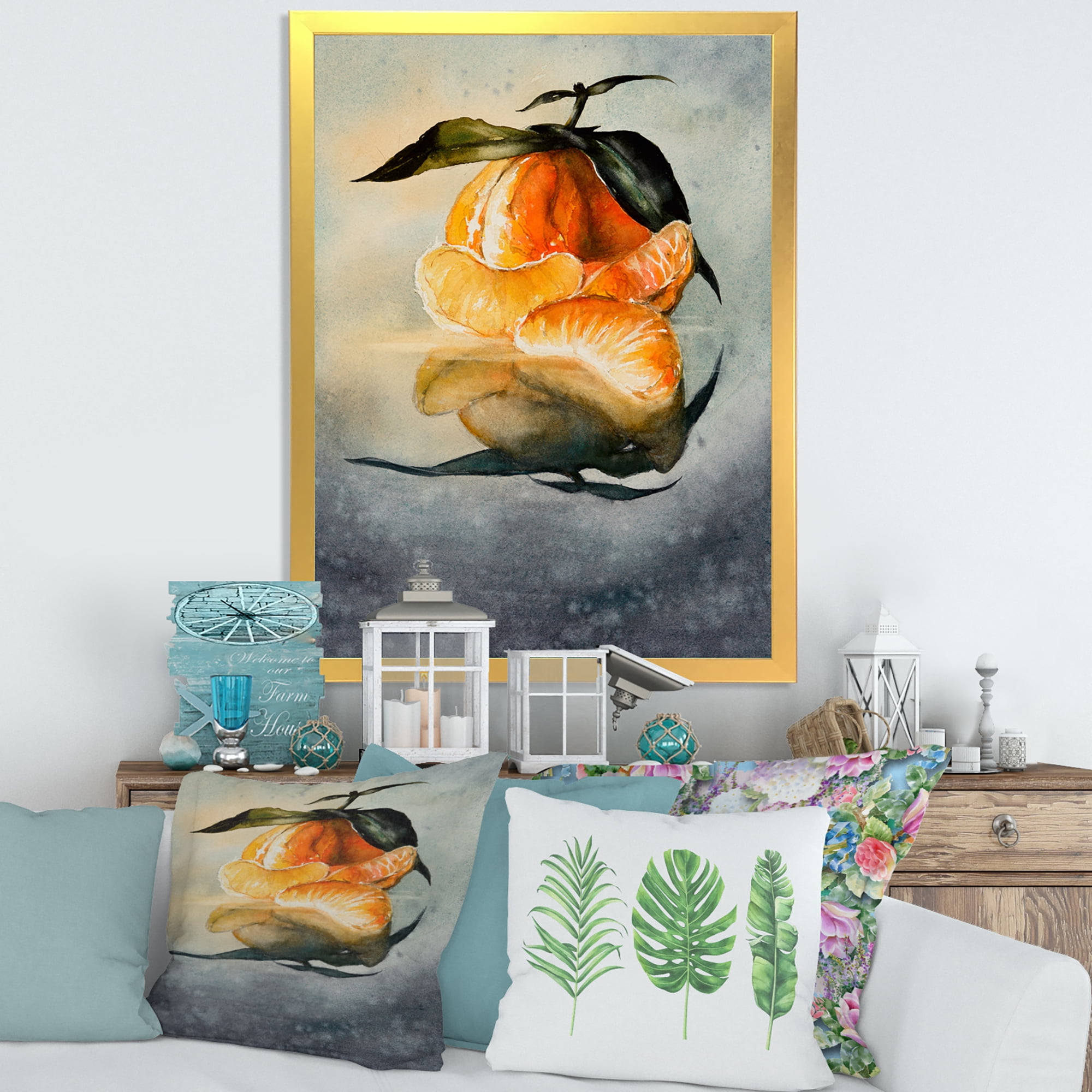 Designart 'One Peeled Fresh Orange Mandarin Under Green Leaves' Traditional Framed Art Print