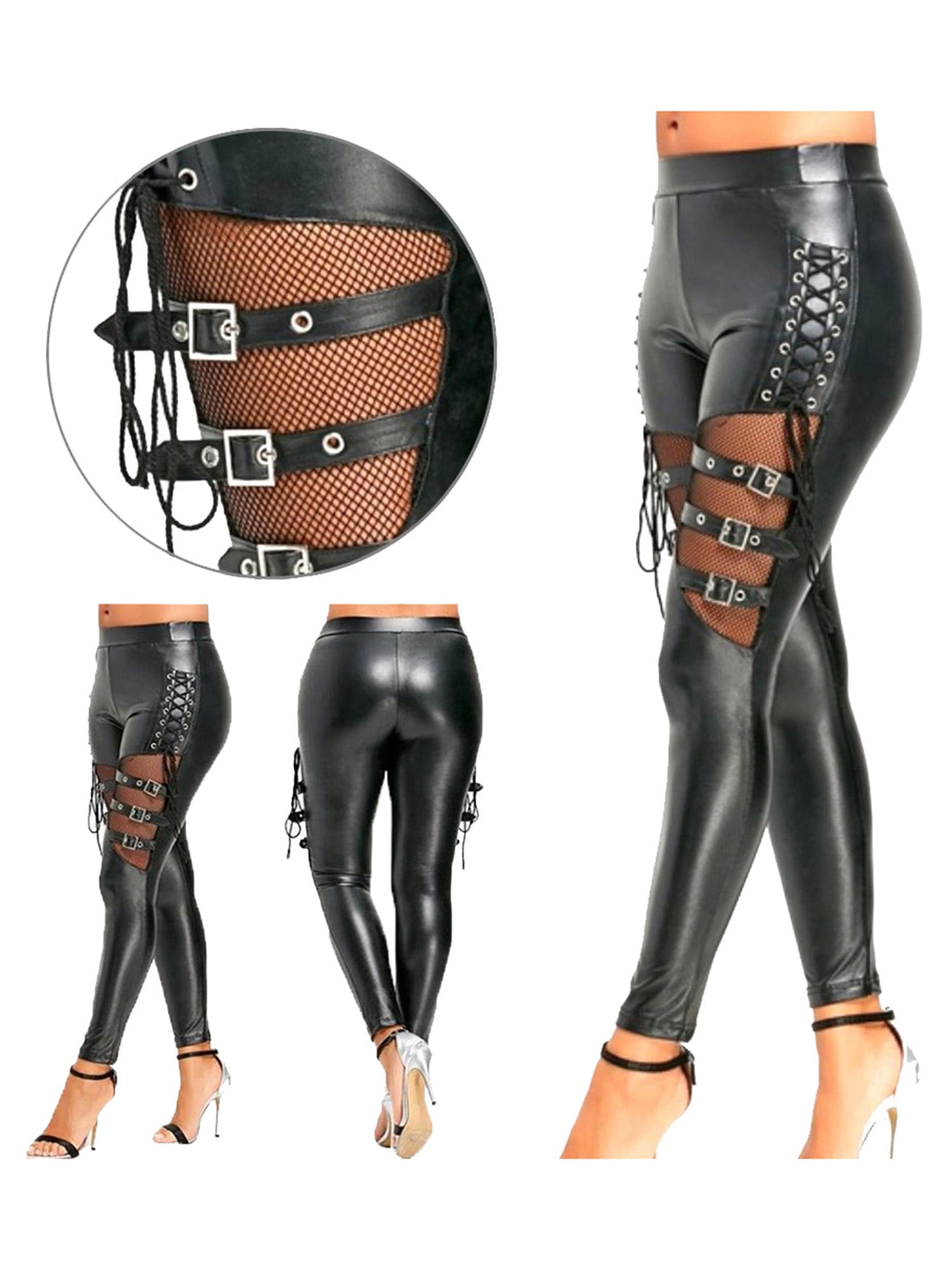 Women Black Leather Pants Fishnet Punk 