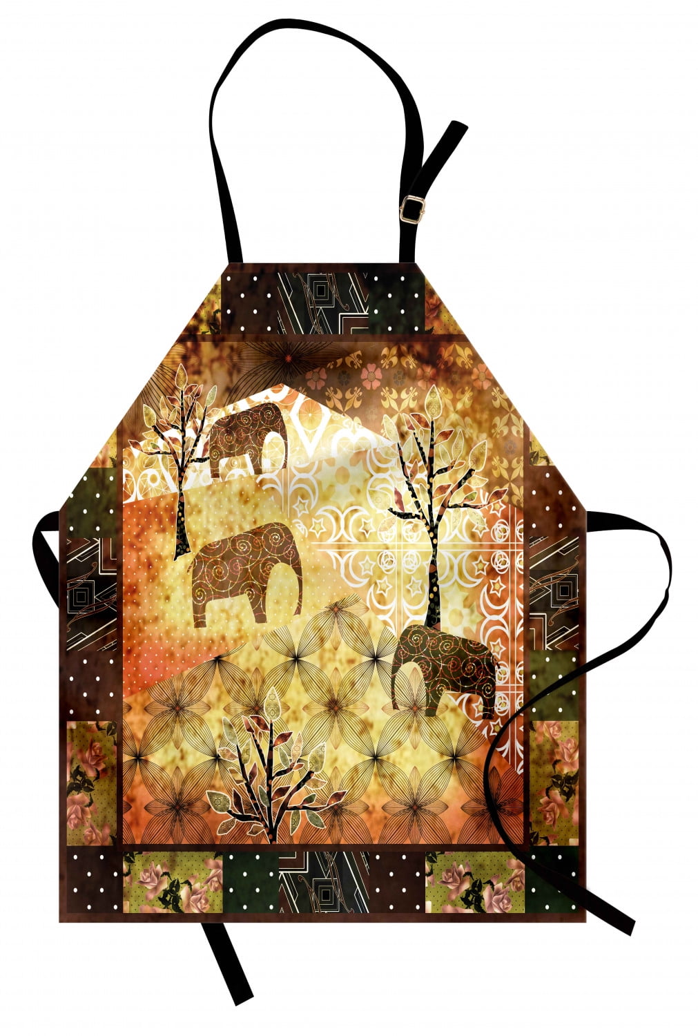 African Apron Patchwork Inspired Pattern Grunge Vintage Featured Elephants Trees Roses Print 