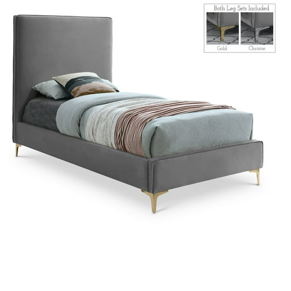 Meridian Furniture Geri Gray Velvet Twin Bed with Gold and Chrome Legs Included