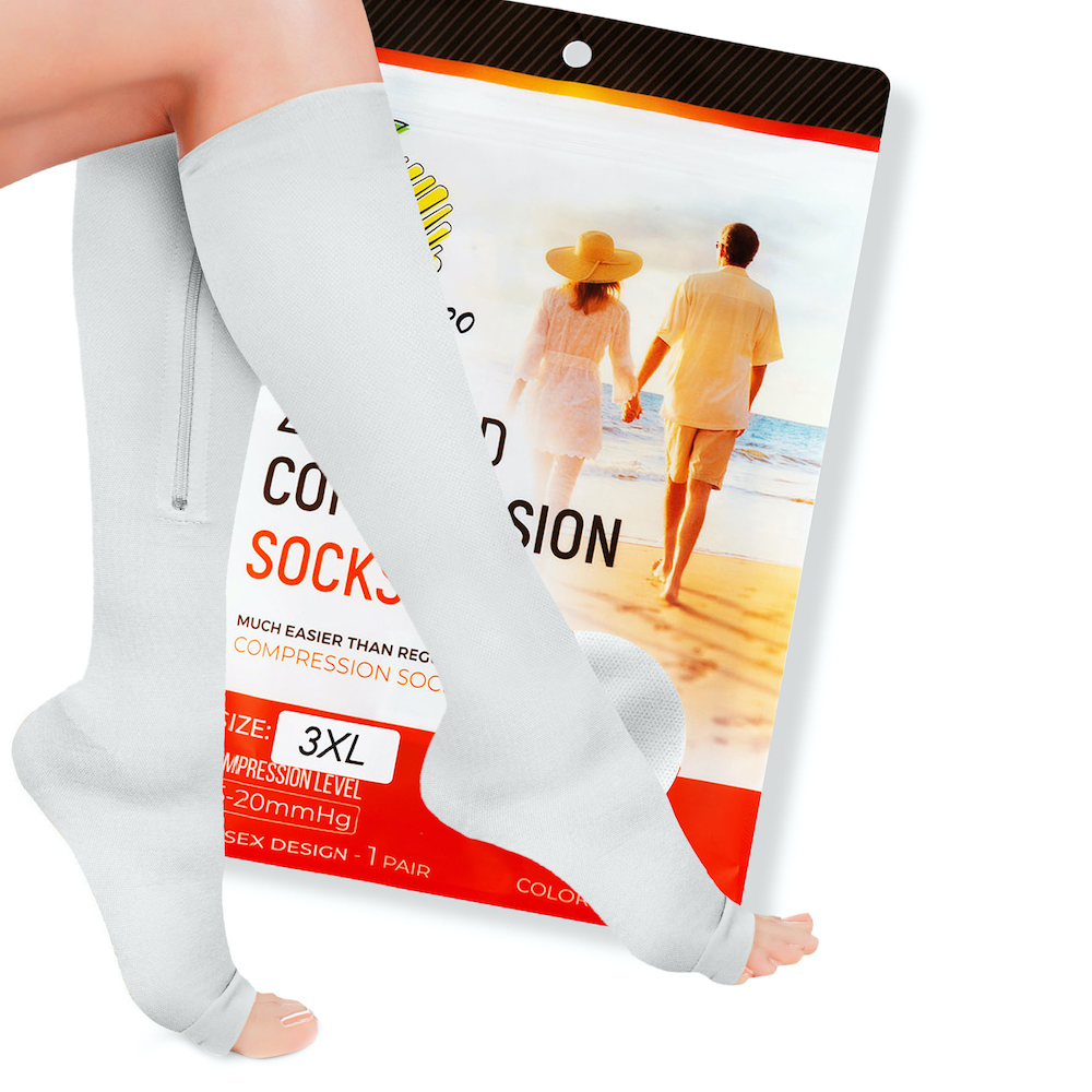 Zipper Compression Socks with Zip Guard Skin Protection & Open Toe (sizes Med to 6XL) 1520mmHg