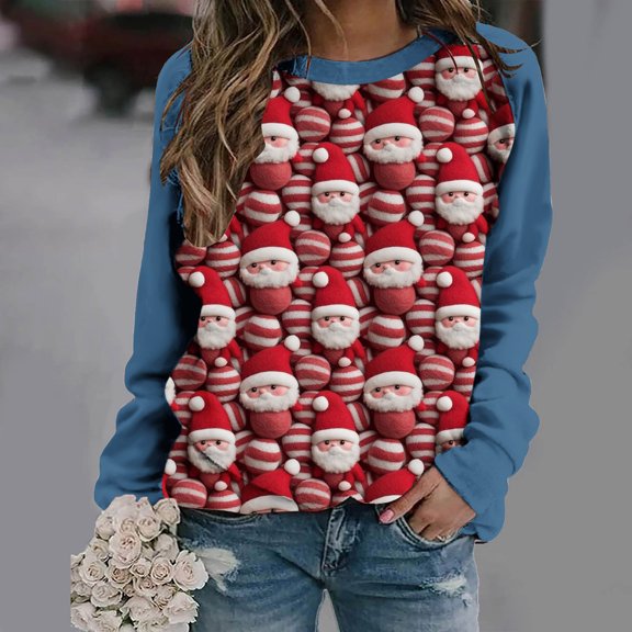 pimelu Christmas Sweater Clearance Cute Christmas Shirts Women Fashion Color Block Santa Claus Print Graphics Sweatshirt Ladies Crewneck Raglan Sleeve Pullover Blousest
