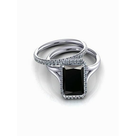 2.00 carat Emerald Cut Black Diamond & White Diamond Halo Bridal Set in 10k White Gold