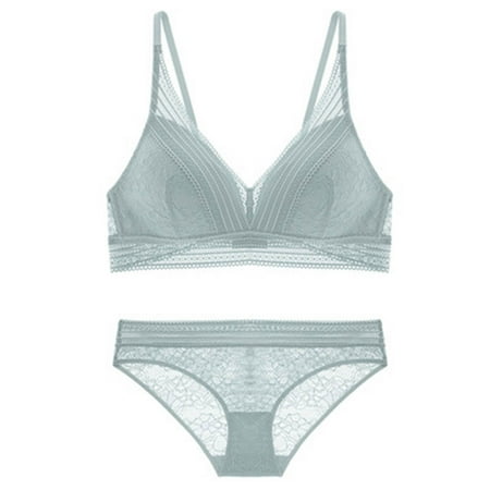 

harmtty Women Sexy Solid Color Padded Bralette G-string Jacquard Lace Underwear Set Green S