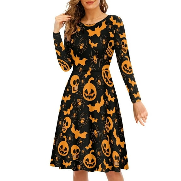 FKELYI Halloween Pumpkin Women Dress Size L Polyester A-Line Swing Twirl Skater Dress Skull Bats Leisure Women's Wear to Work Dresses Midi