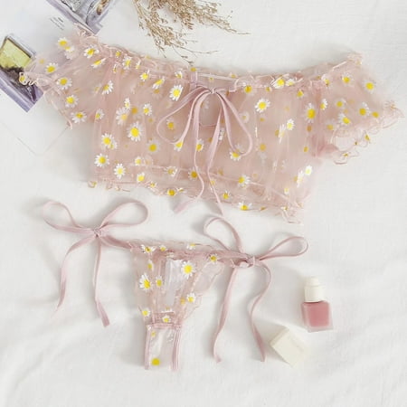 

UoCefik Off the Shoulder Mesh Sexy Lingerie for Women Embroidery Floral Bodysuit Babydoll Pink L