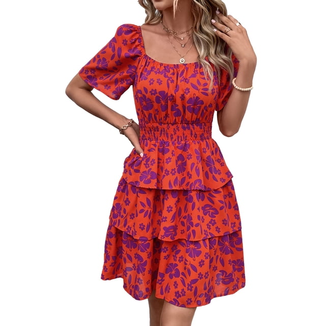 Vestido PRETTYGARDEN 2025 Floral de Verano con Escote Cuadrado Talla L Grande