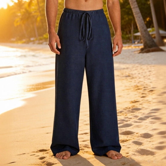 Dxzfnsa Trousers for Men Summer Mens Casual Solid Color Linen Cotton Pants Loose Fit Lightweight Elastic Waist Drawstring Beach Trousers