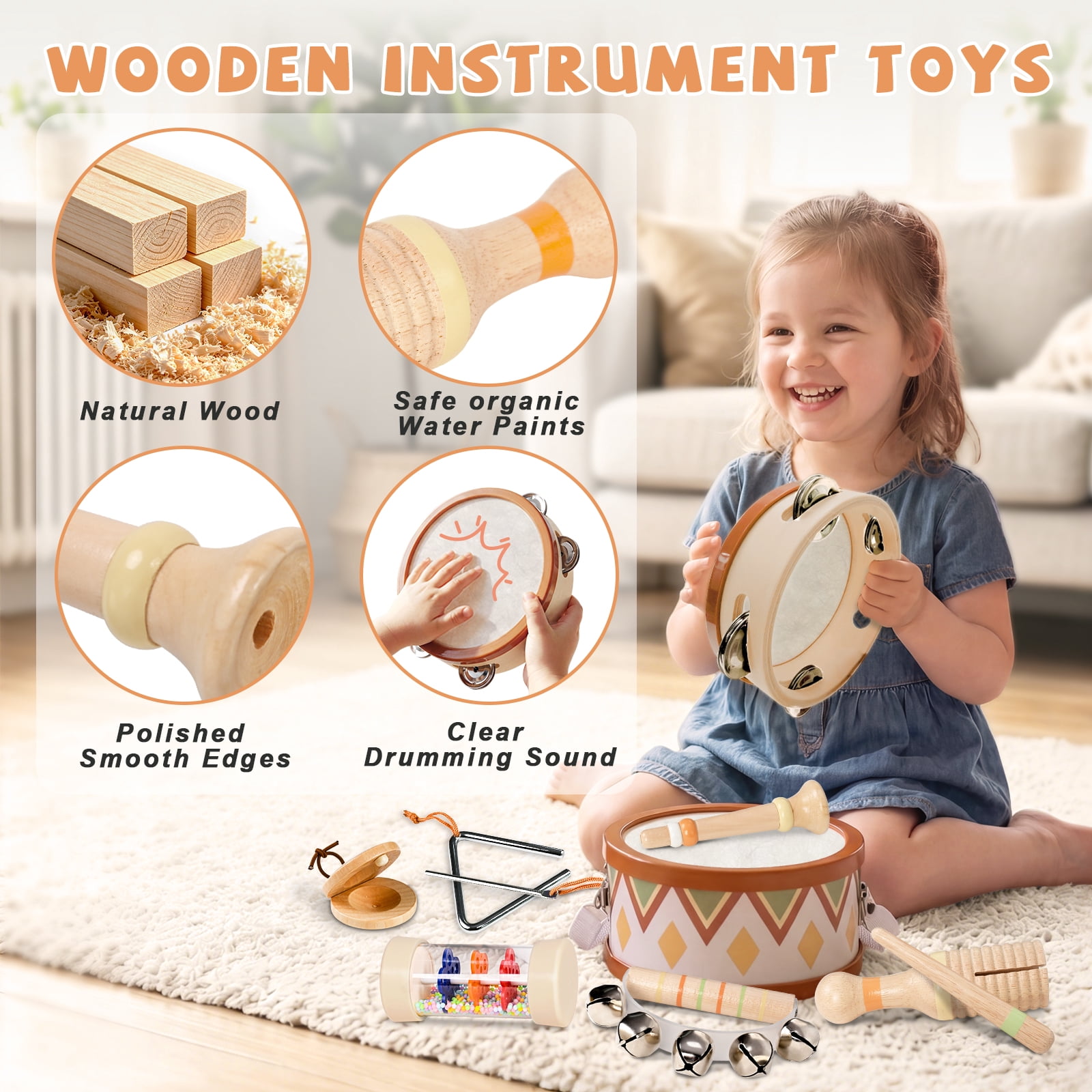 OATHX Kids Drum Set Tambourine Maracas Toy Drum Baby Music Kit