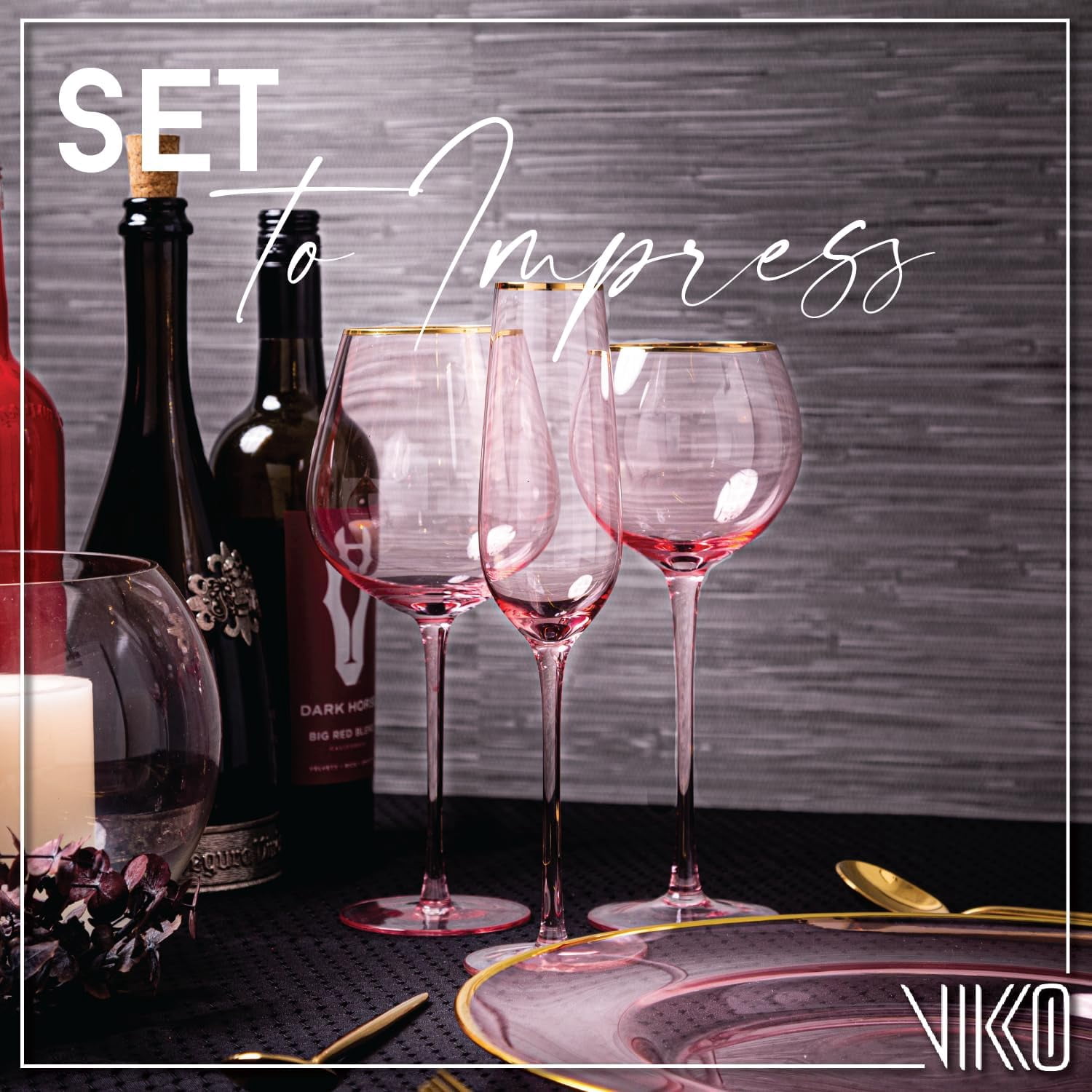 Vikko Champagne Flutes, 8.5 Ounce Toasting Champagne Flute, Pink with Gold Rim Crystal Clear Champagne Glasses, Set of 4 Elegant Sparkling Wine Glasses