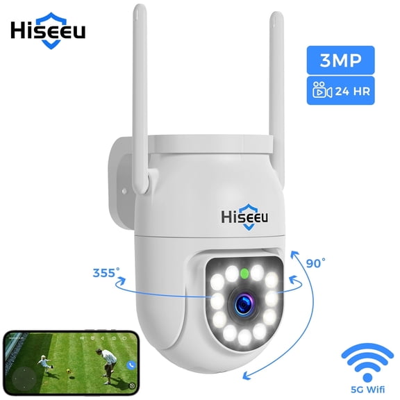 Hiseeu 2K 3MP PTZ WiFi Security Camera with Spotlight, 360°View Auto Tracking,Color Night Vision, Waterproof, 2-Way Audio,SD & Cloud Storage 5G&2.4G Wifi